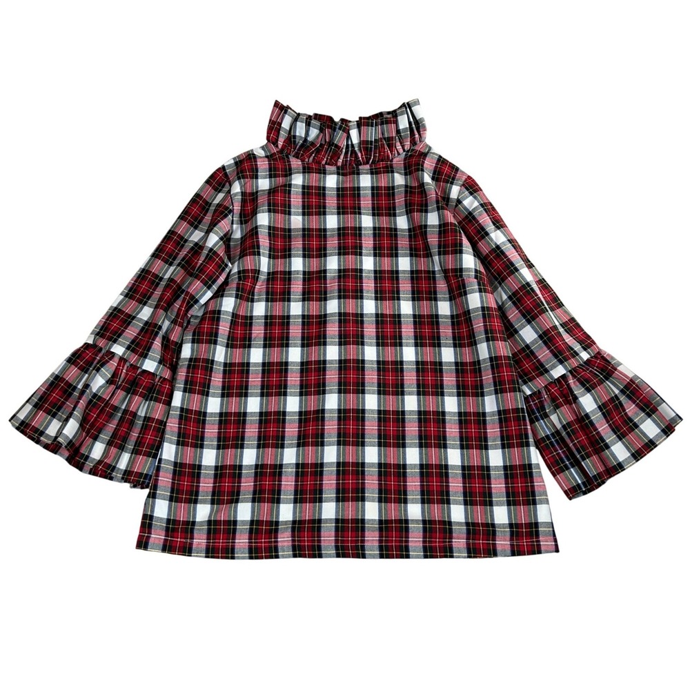 Elizabeth Wilson Red Plaid Ruffle Neck Bell Sleeve Womens Medium Top Blouse